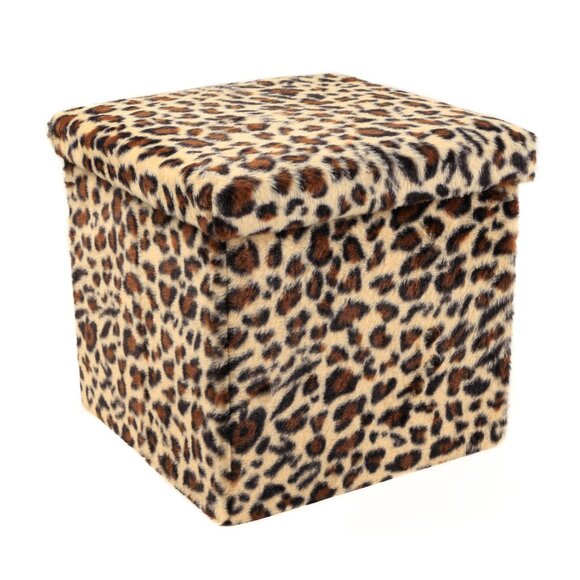 Go-Poufs Knock-Down Medium Cube Faux Fur Storage Ottoman | Leopard | 15"x15"x15 - Picture 3 of 6